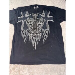 Carbon Black Graphic T-Shirt Cross Wings 2XL Black Cotton Blend‎